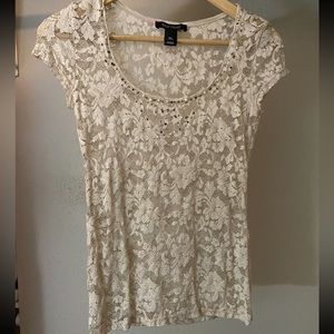 Cream-colored, White House Black Market, lacy, see-through top